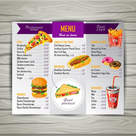 Fast food menu of best restaurant in town on the wooden table vector illustrationのイラスト素材