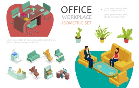 Isometric office interior elements set with workspace for negotiation and rest tables chairs bookcase printer sofa armchairs plants vector illustrationのイラスト素材