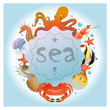 Cartoon light marine with elegant frame sea and ocean animals and creaturesのイラスト素材