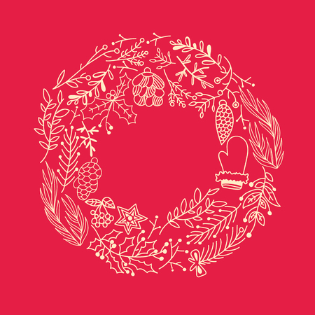 Christmas round frame design concept made of leaves and holiday symbols on the red background hand drawing vector illustrationのイラスト素材