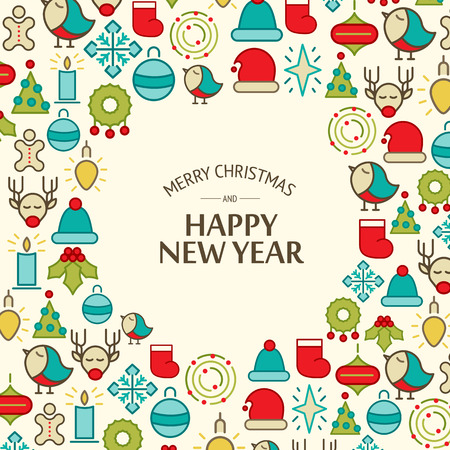 Winter holidays festive background with greeting text and colorful Christmas elements and symbols vector illustrationのイラスト素材