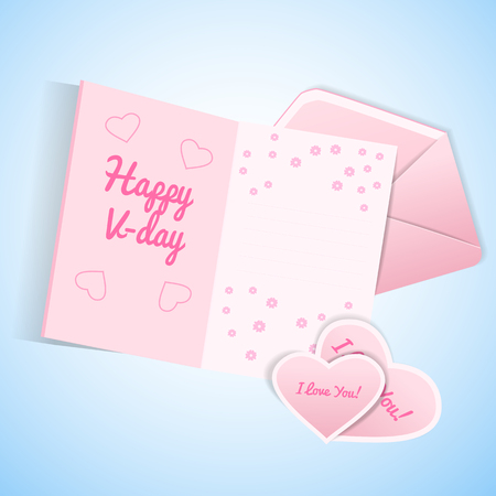 Cute valentines day set with pink and white envelope postcard with wish and valentinesのイラスト素材