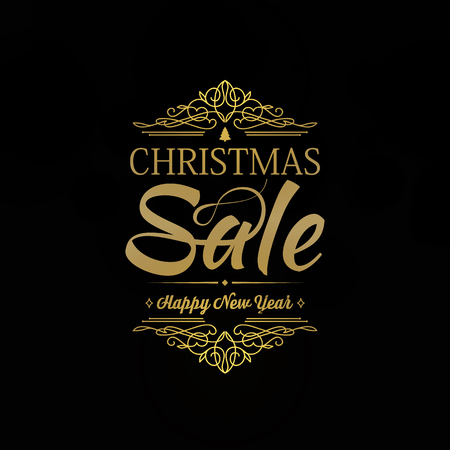 Christmas sale poster with happy new year celebration and the image of two decorative golden elements on the stylish black background vector illustrationのイラスト素材