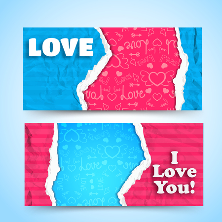 Elegant horizontal banners with colorful torn striped crumpled papers and icons light pattern isolated vector illustrationのイラスト素材