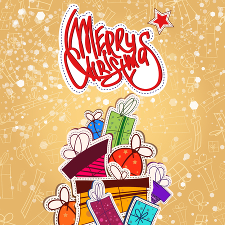 Festive Christmas background with colorful present boxes baubles and celebrating inscription in doodle style vector illustrationのイラスト素材