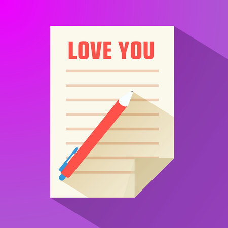Valentines day letter background in flat style with pen on paper and title love you vector illustrationのイラスト素材