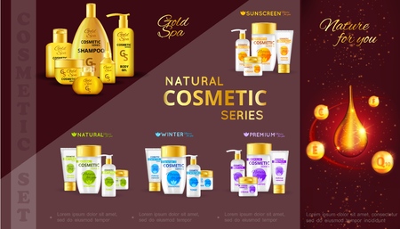 Realistic cosmetic series template with bottles and packages of gold spa sunscreen natural winter and premium collections vector illustrationのイラスト素材