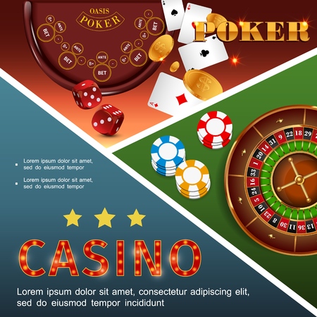 Realistic casino colorful concept with poker table roulette chips dices playing cards gold coins vector illustrationのイラスト素材