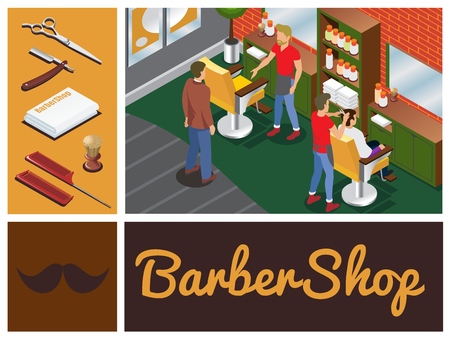Isometric barber shop composition with salon interior hairdressers clients scissors razor towel brush combs mustacheのイラスト素材