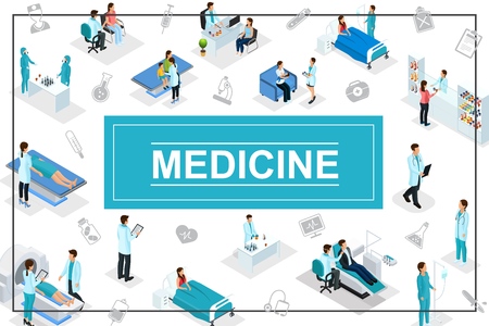 Isometric healthcare concept with doctors patients medical consultation diagnostic procedures pharmacy laboratory research medicine icons vector illustrationのイラスト素材
