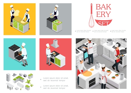 Isometric restaurant cooking infographic template with chefs in uniform preparing different dishes kitchen interior elements utensil vector illustrationのイラスト素材