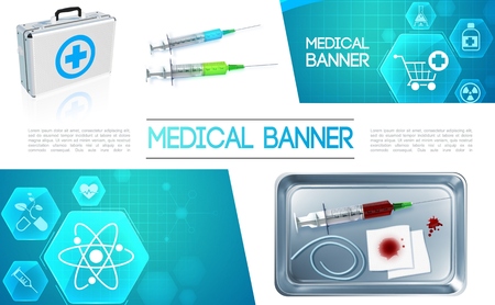 Realistic healthcare colorful concept with medical box syringe bloody bandage in metal sterilizer and medicine iconsのイラスト素材