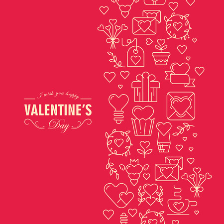 Original valentines day postcard with chain consisting of many objects and text with wishes be happy and amorous on red background vector illustrationのイラスト素材