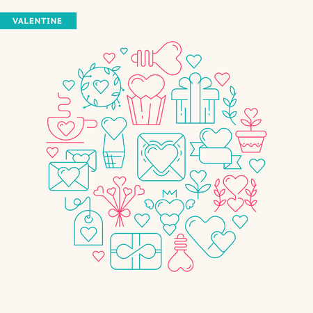 Happy valentines day typography design postcard with different kind of gifts and toys hand drawing by the green and rose colors vector illustrationのイラスト素材