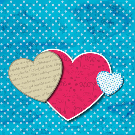 Three bright fabric different sizes hearts on dots and blue colors background vector illustrationのイラスト素材