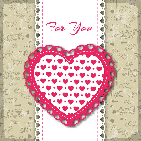 Colored patterned cloth made of light fabric in heart form on light background with doodles vector illustrationのイラスト素材