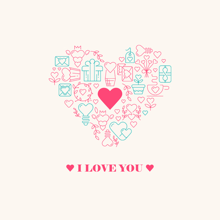 I love you poster with three words, big heart in centre with little heart inside and many beautiful images on white background vector illustrationのイラスト素材