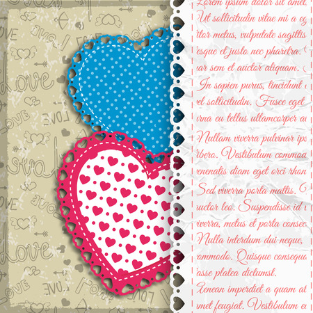 Two colored textile hearts composition on light beige background combined in applique vector illustrationのイラスト素材