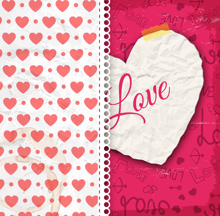 Valentine day design concept with crumpled paper heart and romantic seamless pattern vector illustrationのイラスト素材