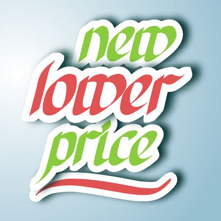 Typographical sale design concept with handwritten paper New lower price stickers on light background isolated vector illustrationのイラスト素材
