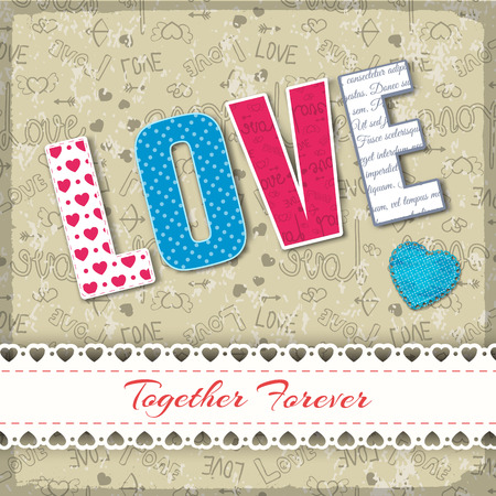 Valentines day textile composition with big letters combined in word love in different colors vector illustrationのイラスト素材