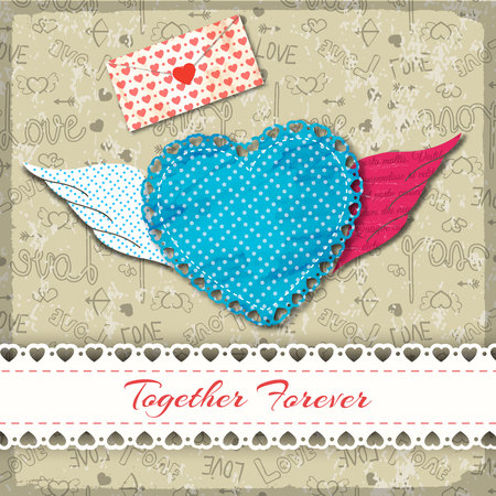 Love composition with romantic letter fabric or colored paper winged heart vector illustrationのイラスト素材
