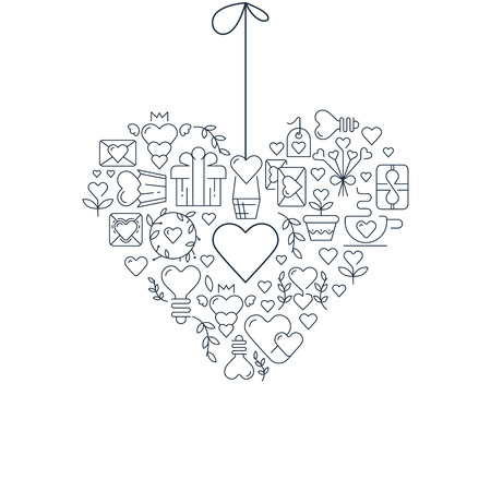 Garland heart template sketch poster with many beautiful objects symbolizing valentines day hand drawn vector illustrationのイラスト素材