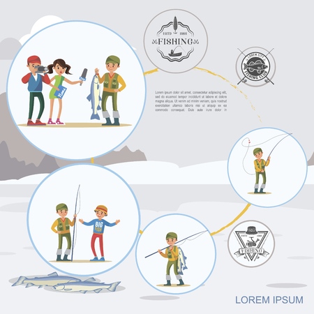 Flat colorful fishing hobby concept with reporter interview fisherman who caught big fish and fisher holding rod on winter landscape background vector illustrationのイラスト素材