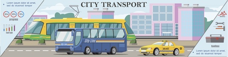 Flat urban transport colorful concept with tram bus and taxi car moving on road vector illustrationのイラスト素材