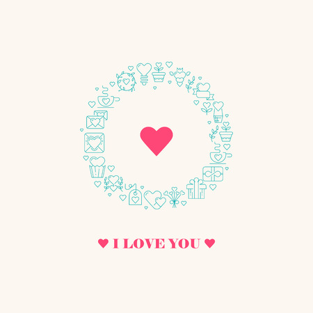 Declaration of love poster with three words, big heart in the centre of the round frame consisting of beautiful images blue colored on the white background vector illustrationのイラスト素材