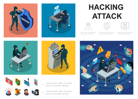 Isometric hacker activity infographic template with computer servers atm hacking cyber thief online money steal biometric authorization security vector illustrationのイラスト素材