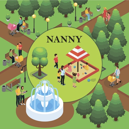 Isometric childcare colorful template with parents walking with children in park and nanny looks after kids playing in sandboxのイラスト素材