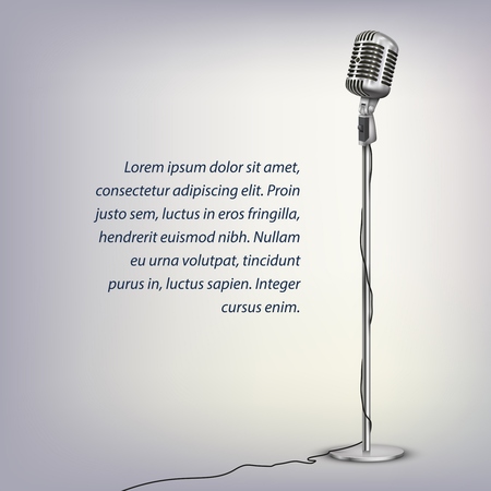 Silver retro microphone with cable on floor stand and text on illuminated greyのイラスト素材