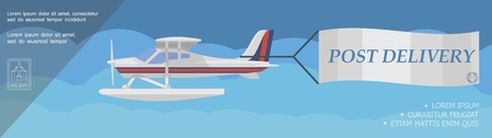 Flat post service horizontal template with flying float plane with Post Delivery inscription on...