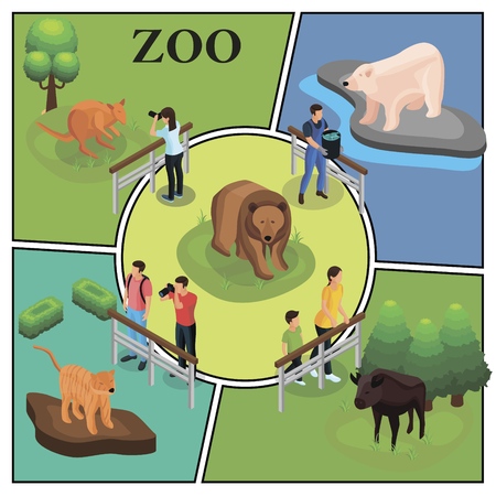 Isometric zoo colorful concept with visitors watching and photographing animals zookeeper feeds polar bearのイラスト素材