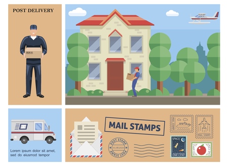 Flat colorful post service composition with postman holding box courier delivering parcel to...