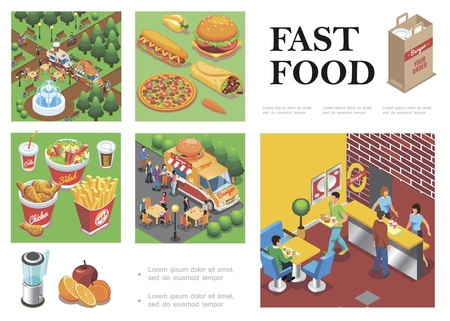 Isometric fast food composition with street food trucks fast food restaurantのイラスト素材