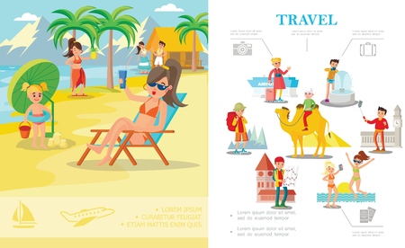 Flat colorful summer vacation concept with people relax on tropical beach and tourists traveling around the worldのイラスト素材