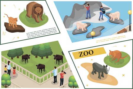 Isometric zoo concept with visitors watching and photographing buffalos tiger rhino kangaroo brown...