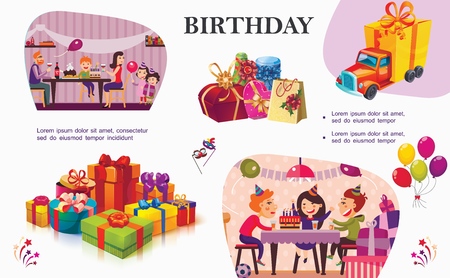 Colorful birthday party concept with gift boxes of different shapes bright balloons toy truck masquerade masks family celebrating birthday at home vector illustrationのイラスト素材