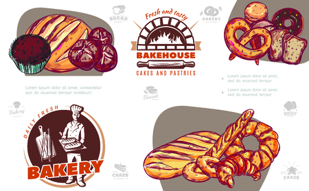 Sketch baking products colorful composition with muffin bread french baguette donut croissant pretzel and bakery labels vector illustrationのイラスト素材