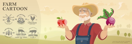 Cartoon farm and agriculture with monochrome farming emblemsのイラスト素材