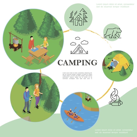Isometric travel and tourism template with kayaking camping hiking tent forest bear campfire linear icons vector illustrationのイラスト素材