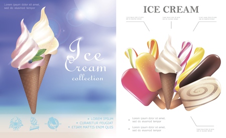 Realistic ice cream concept with lollipops popsicle tasty ice creams in waffle cones and on stickのイラスト素材