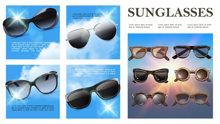 Realistic sunglasses colorful composition with classic and modern hipster eyeglasses on sky backgrounds vector illustrationのイラスト素材