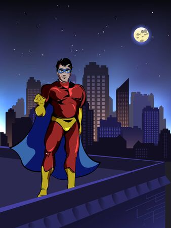 Superhero showing fist on roof of building in starry night on cityのイラスト素材