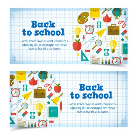 Back to school horizontal banners with text and colorful supplies on paper sheet illustrationのイラスト素材