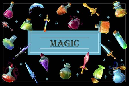 Cartoon game elements template with swords daggers mace bottles and flasks of different magic potions on dark backgroundのイラスト素材