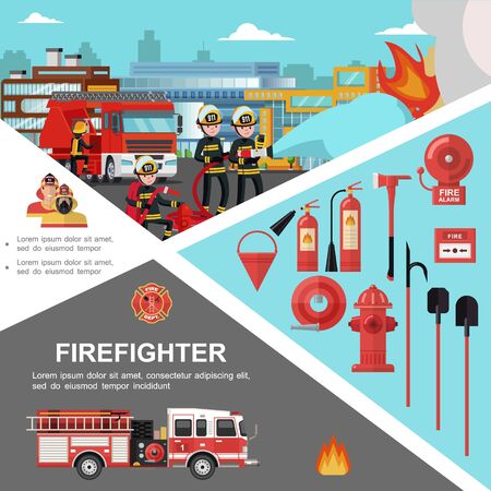 Firefighting colorful template with firefighters extinguishing fire and fireman equipment and tools in flat styleのイラスト素材