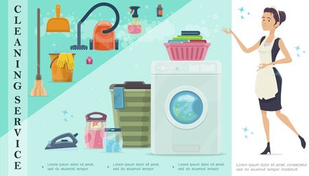Colorful cleaning service concept with maid and different housekeeping toolsのイラスト素材